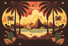 Vintage Illustration Of French Polynesia Tropical Islands With Palm Trees, Ocean Water And Sailboat. Generative AI.