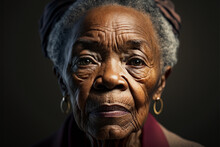 Portrait Of Mature African American Woman With Black And Grey Hair And A Serious Expression. Generative AI.