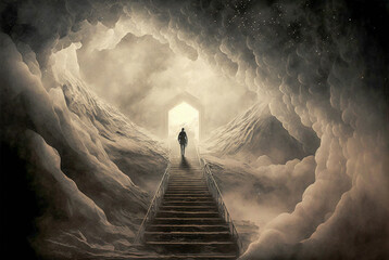 person walking up stairway to heaven through clouds in the sky after death. generative ai.