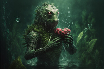 Green sea monster in murky marsh lagoon water holding a red heart made of flowers for Valentines Day. Generative AI.