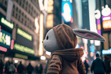 Cute Bunny Hip Hop Fashion Outfits At Timesqaure,neon Sign City  People Celebraton Blurred Background,generative Ai.