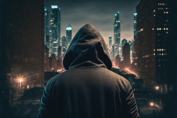 Wall Mural -  a man in a hooded jacket looking at a city at night with lights on and a dark sky background. Generative AI