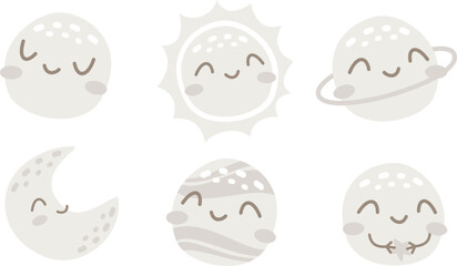Wall Mural - Vector collection of cute planets with faces. Moon, Mercury, Pluto, Crescent Moon. Illustrations for children's products 
