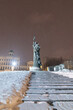 Moscow, Russia - December 27, 2022: Monument to Vladimir the Great on Borovitskaya Square cold snowy winter night. Christianization of Kievan Rus'. Vladimir I Sviatoslavich or Volodymyr I Sviatoslavyc