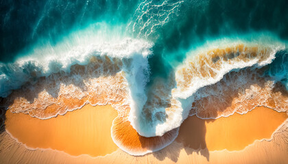 Sea and beach aerial view, Top view, amazing nature background. A beautiful strip of white sand surrounded by crystal clear water. Aerial view of the sandy beach near the sea with waves.	