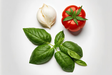 Sticker - Top view of a tomato, garlic, and basil isolated on a white backdrop. Generative AI