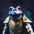 Anthropomorphic warrior frog with medieval armor. photomontage