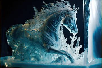 Poster - a horse is standing in the snow next to a window frame with ice crystals on it and a black background.