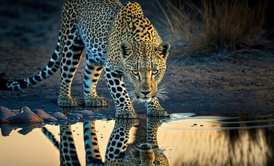 Wall Mural - magnificent leopard in the savannah drinking at waterhole, wildlife animal background.