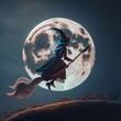 befana strega che vola sulla scopa sullo sfondo la luna piena