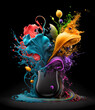 Rainbow colored arrangement of flowers with color liquid and splashes of paint. On a Black Background
generative ai