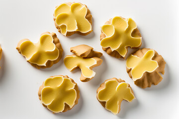 Poster - Slices of fresh ginger root on a white background. looking up. Lay flat. Generative AI