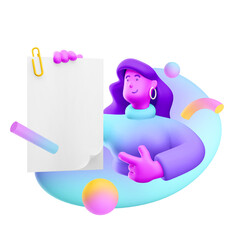 Sticker - 3d illustration. Cartoon girl 3d character with document.