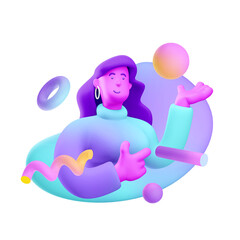 Sticker - 3d illustration. Cartoon girl 3d character showing something.