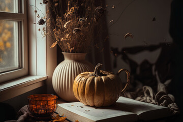 Sticker - Autumnal ambiance Pumpkin shaped cup, pumpkin, books, and dried grass in a basket on a ledge represent the fall season and are a comfortable composition in anime style for Halloween and Thanksgiving