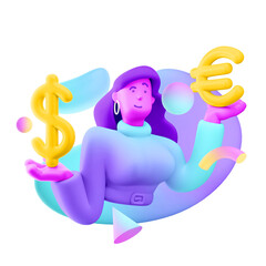 Wall Mural - 3d illustration. Cartoon girl 3d character with dollar and euro sign.   Currency concept.