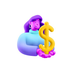 Sticker - 3d illustration. Cartoon girl 3d character with dollar sign. Financial concept.