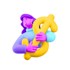 Sticker - 3d illustration. Cartoon girl 3d character with dollar sign. Financial concept.