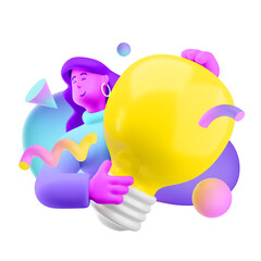 Wall Mural - 3d illustration. Cartoon girl 3d character with bulb. Creativity and innovation concept.