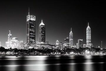 Sticker - Conceptual Ai Generated Image (not actual) - Western Australia's Perth Skyline (Black and White). Generative AI