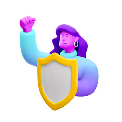 Sticker - 3d illustration. Cartoon girl 3d character with shield. Insurance and protection concept.