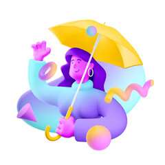 Sticker - 3d illustration. Cartoon girl 3d character with umbrella. The concept of protection and security