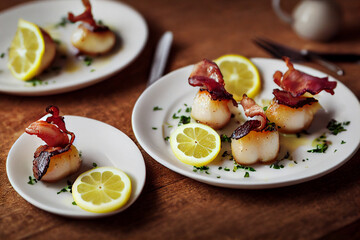 Wall Mural - Bacon Wrapped Scallops With Lemon Generative Ai