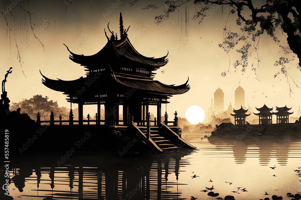 Ancient Chinese architecture that is hand painted and looks out over ...
