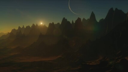 Wall Mural - Rocky surface of an alien planet. Lifeless landscapes on another planet. Alien exoplanet in another solar system. 3d animation of planet in space.