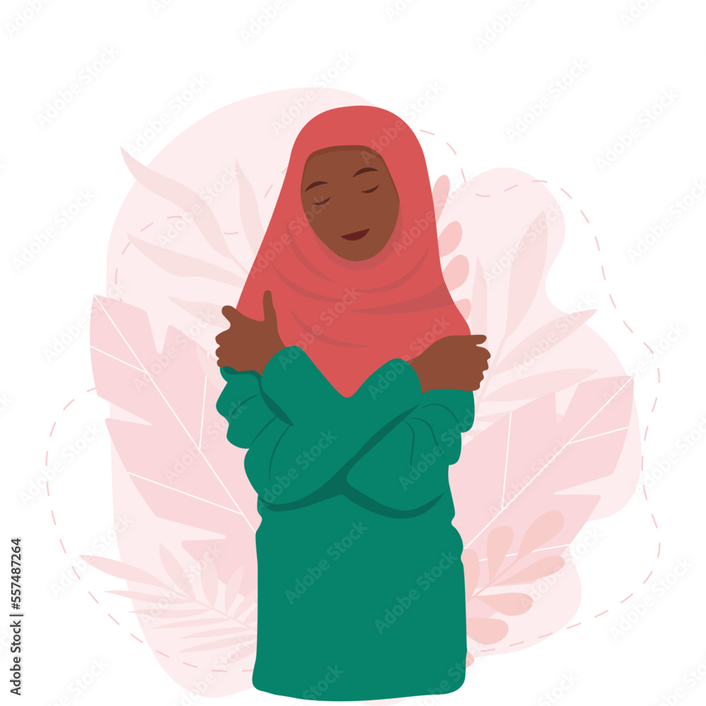 Self Love Concept Black Woman In Hijab Hugging Herself Isolated On