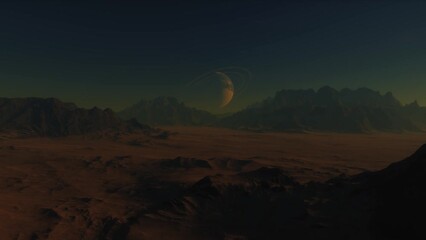 Wall Mural - Rocky surface of an alien planet. Lifeless landscapes on another planet. Alien exoplanet in another solar system. 3d animation of planet in space.