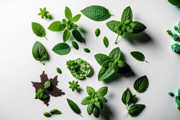 Poster - Top view of fresh green mint leaves on a white backdrop. Generative AI