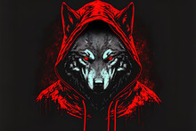 Wolf With A Red Hoodie Savage Appearance Half Wolf, Half Man Image Wearing A Tracksuit With Glowing Eyes. Generative AI
