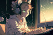 A charming and worn out girl drawn in anime style, who is a poet and is resting in a chamber decorated with garlands, deliberately wipes her forehead with a pen while listening to music via headphones