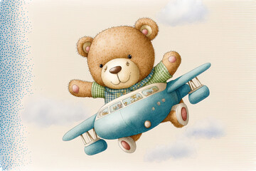 Poster - Illustration of a cute teddy bear flying an aircraft that was hand drawn with watercolor and colored pencils and has a white, blank backdrop. Generative AI