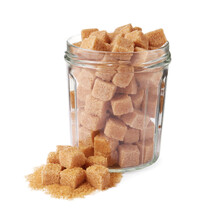 Glass Jar And Brown Sugar Cubes Isolated On White