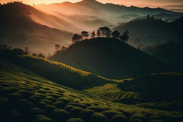 Wall Mural - Tea plantation at sunrise in Malaysia's Cameron Highlands. Generative AI