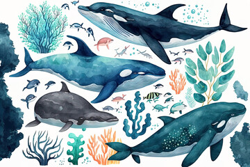 Wall Mural - Marine life is a charming aspect of the underwater animal kingdom. Cartoon watercolor illustrations of fish, whales, and orcas are also included. Generative AI