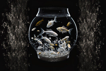 Wall Mural - An aquarium with tiny silver fish on a dark backdrop. Generative AI