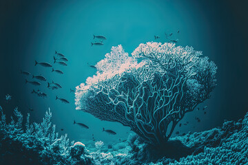 Poster - fading duotone image of an underwater coral reef. Generative AI