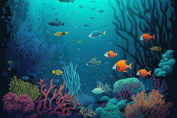 Naklejka na meble Coral reef underwater view, globe ocean animal landscape. Generative AI
