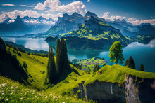 Alps Mountain Range With Mount Pilatus, Lake Lucerne, Verdant Alpine Meadows In Bloom, And Switzerland Are All Visible In The Panorama. Generative AI