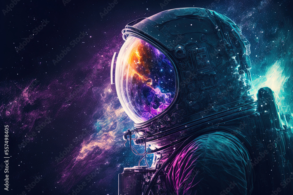 Astronaut in space with stars, a galaxy, a purple and blue nebula, and ...