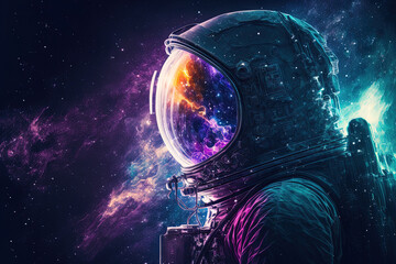 astronaut in space with stars, a galaxy, a purple and blue nebula, and galaxies reflected in his hel