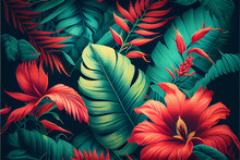Hawaiian Style Pattern With Hibiscus Flowers And Lush Vegetation Ideal For Exotic Backgrounds