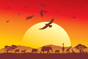 Wall Mural - Sunset at the safari park. Safari park silhouette. Illustration of a view of wildlife on an African safari