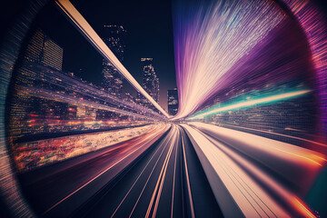 Wall Mural - Illustration depicting warp speed in a hyper loop with blurred nighttime light from a megacity's towers. Future technology, financial technology, big data, 5G fast network, and machine learning concep