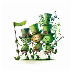 Wall Mural - St patricks day leprechaun illustration of a group of friends celebrating on a white background with copy space