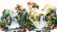 Watercolor Drawing Of A Natural Landscape Of A Waterfall With Trees, Palms And Birds In Their Beautiful Colors, Parrots, Sparrows And Butterflies - Digital Drawing