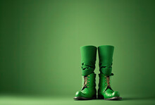 Close Up On A Pair Of Green Boot That A Leprechaun Could Wear For Saint Patrick's Day Festivity For Irish Holidays In Irland, Ai Generative With Copy Space